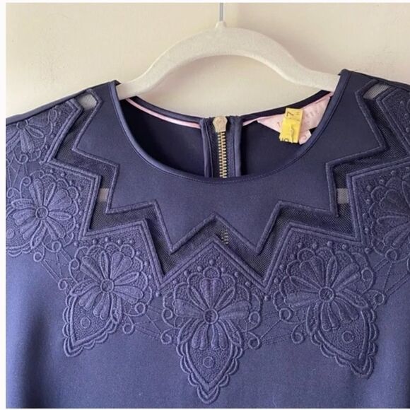 Ted Baker Cheskka Lace and Mesh Skater Dress Dark Blue Navy Floral Embroidery - Picture 9 of 16